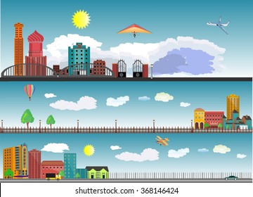  Horizontal panaromic illustration of different types of cities and rural locality  on blue sky background