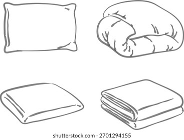 Um painel horizontal de ícones de linha mostrando os fundamentos do quarto, incluindo um travesseiro, um reconfortante inchado, um colchão acolchoado e uma saia da cama