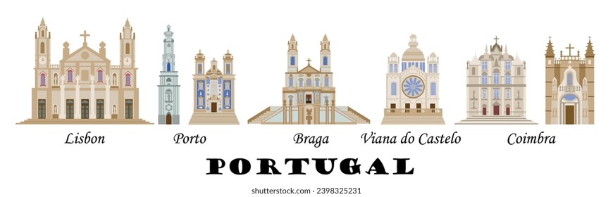 Horizontal panorama of the architectural sights of Portuguese cities. Set of the main churches of the Portuguese cities of Lisbon, Porto, Coimbra and Braga. For the design of souvenirs and banners.