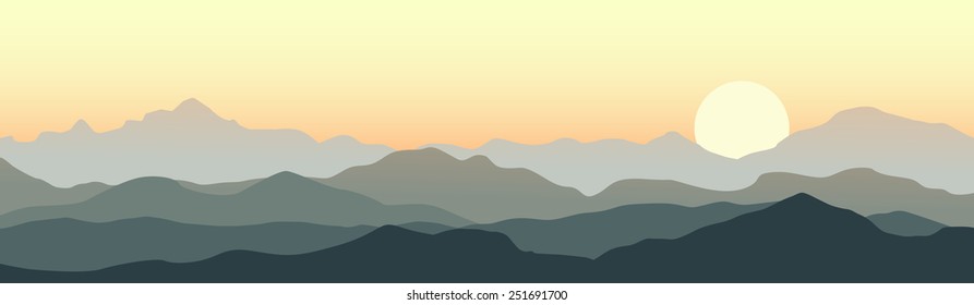 Horizontal panorama of beautiful sunrise in the mountains. Vector illustration.