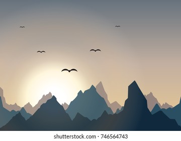 Horizontal panorama of beautiful sunrise in the mountains. Vector illustration.the glare from the sun.