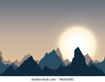 Horizontal panorama of beautiful sunrise in the mountains. Vector illustration.the glare of the sun.beautiful sky.