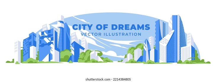 Panorama horizontal de una gran ciudad con rascacielos entre árboles verdes. Azul cielo brillante con nubes y pájaros. Un paisaje idílico de estilo de vida. Ilustración plana del vector