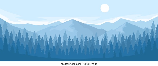 Horizontal panorama of the mountain range. Trees below.