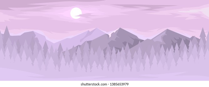 Horizontal panorama of the mountain range. Trees below.