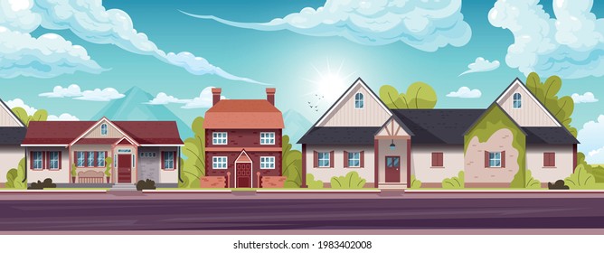 Horizontal panorama of suburban houses of holiday village with a shining sky in the background flat vector illustration