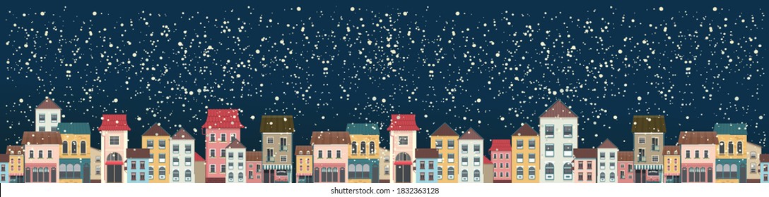Horizontal panoramic banner, snowy city landscape, christmas night city, panoramic view, vector illustration