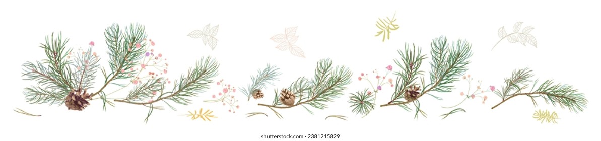 Horizontal panoramic border with pine branches, cones, needles, pink small flowers on white background. Realistic digital Christmas tree in watercolor style. Botanical illustration for design, vector