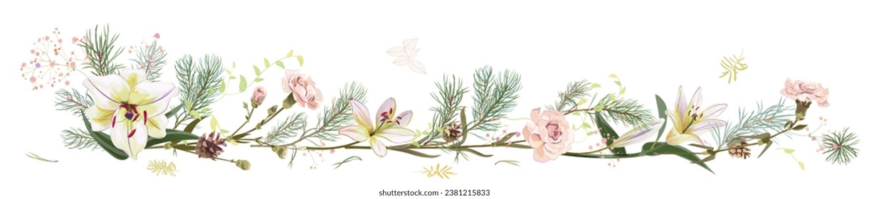 Horizontal panoramic border with pine branches, cones, needles, white lilies, and carnations flowers. Realistic digital Christmas tree in watercolor style. Botanical illustration for design, vector