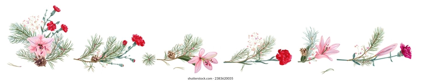 Horizontal panoramic border with pine branches, cones, needles, pink lilies, and red carnation flowers. Realistic digital Christmas tree in watercolor style. Botanical illustration for design, vector
