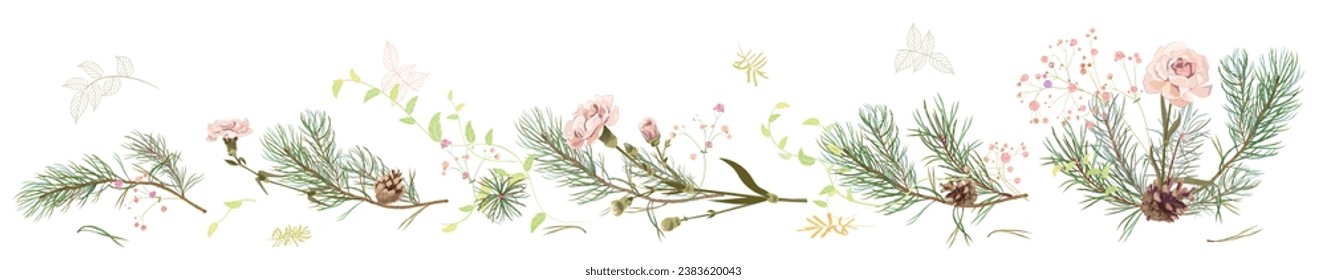 Horizontal panoramic border with pine branches, cones, needles and white carnation flowers. Realistic digital Christmas tree in watercolor style. Gentle Botanical illustration for design, vector