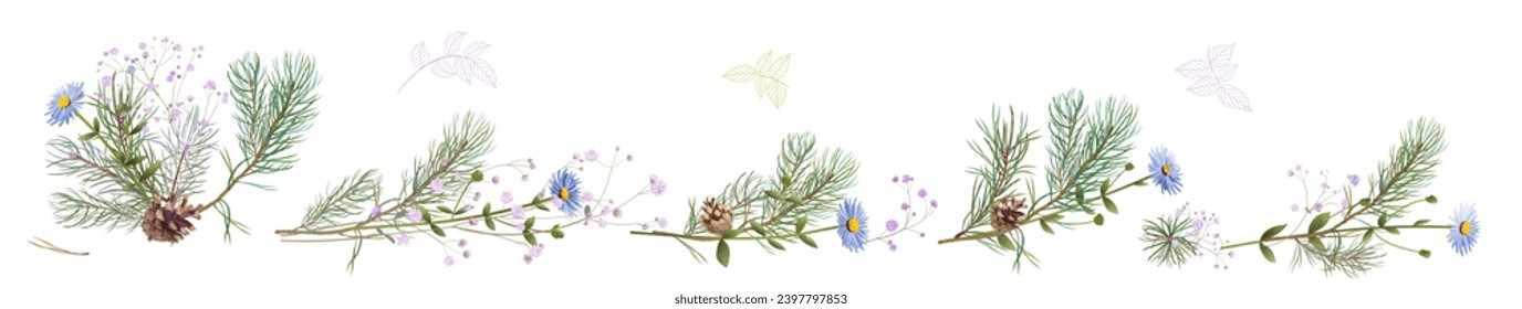 Horizontal panoramic border with pine branches, cones, needles, blue daisy flowers on white background. Realistic digital Christmas tree in watercolor style. Botanical illustration for design, vector