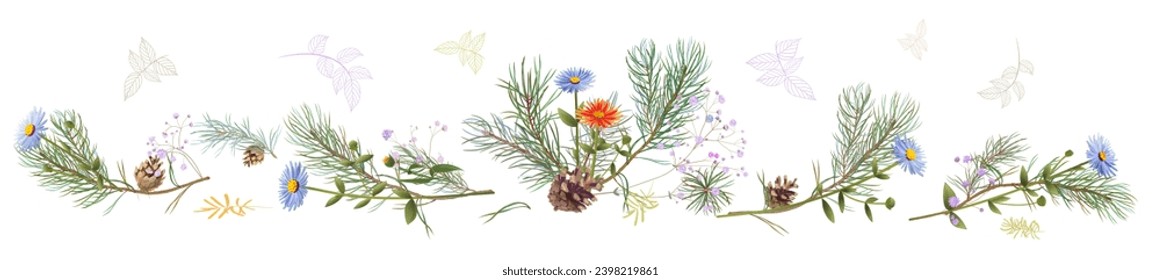 Horizontal panoramic border with pine branches, cones, needles, blue daisy flowers on white background. Realistic digital Christmas tree in watercolor style. Botanical illustration for design, vector