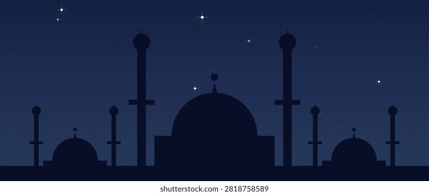 Horizontal panoramic view of mosque silhouettes against a deep blue starry night sky, capturing the spiritual essence of Islamic prayer times during Ramadan and holy festivals.