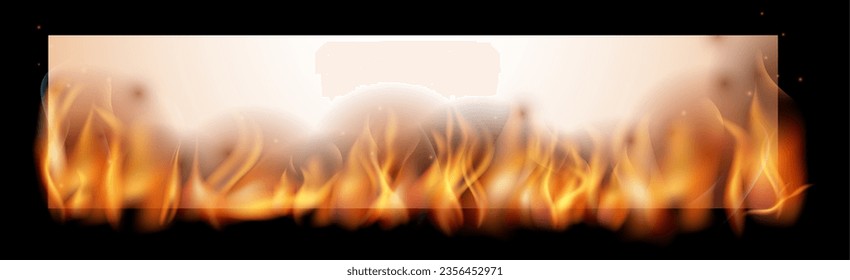 Horizontaler Papierbanner, der in Flammen brennt. Realistisches Feuer