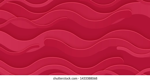 Horizontal paper cut 3d abstract background with living coral and pink gradient waves, carving and origami art, vector illustration.