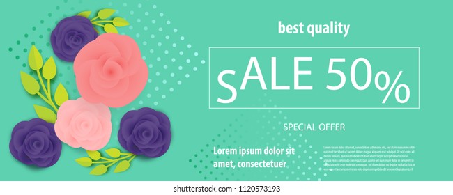 Horizontal paper cut flower ultraviolet sale banner. Colored rose bud origami isolated vector background. Floral discount design. Craft 3d plant eco card template.