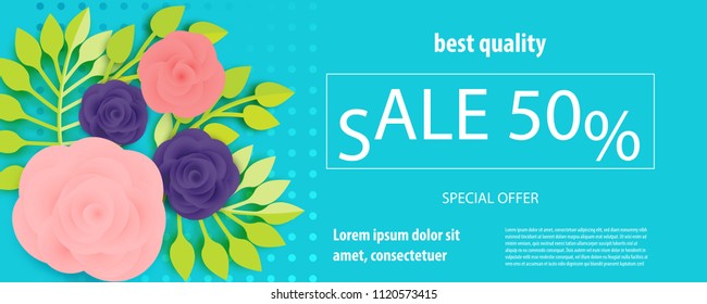 Horizontal paper cut flower ultraviolet sale banner. Colored rose bud origami isolated vector background. Floral discount design. Craft 3d plant eco card template.