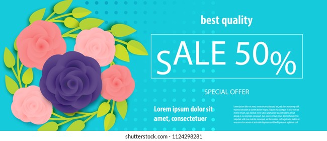 Horizontal paper cut flower ultraviolet sale banner. Colored rose bud origami isolated vector background. Floral discount design. Craft 3d plant eco card template.