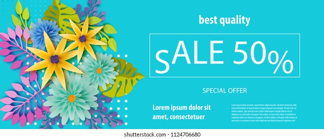 Horizontal paper cut tropical flower sale banner. Colored chamomile bud origami isolated vector background. Floral discount design. Craft 3d plant eco card template.