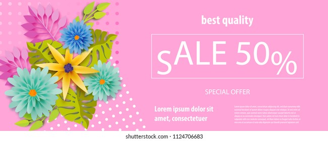 Horizontal paper cut tropical flower sale banner. Colored chamomile bud origami isolated vector background. Floral discount design. Craft 3d plant eco card template.