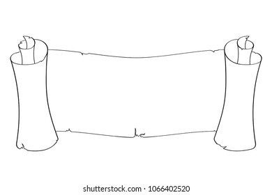 Horizontal paper scroll. Outline drawing. Vector illustration isolated on white background