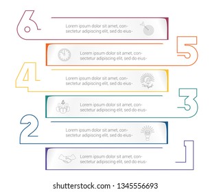 Horizontal paper stripes infographic template with color numbers. 6 positions for informations. Concept Business Strategy. Universal template for projects on white background.