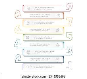 Horizontal paper stripes infographic template with color numbers. 9 positions for informations. Concept Business Strategy. Universal template for projects on white background.