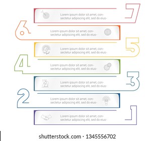 Horizontal paper stripes infographic template with color numbers. 7 positions for informations. Concept Business Strategy. Universal template for projects on white background.