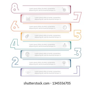 Horizontal paper stripes infographic template with color numbers. 8 positions for informations. Concept Business Strategy. Universal template for projects on white background.