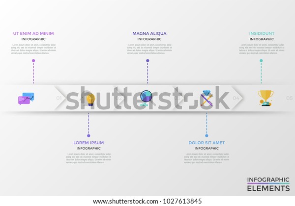 Horizontal paper white line or stripe
divided into 5 parts with colorful flat icons inside. Concept of 5
steps of success achievement process. Modern infographic design
template. Vector
illustration.