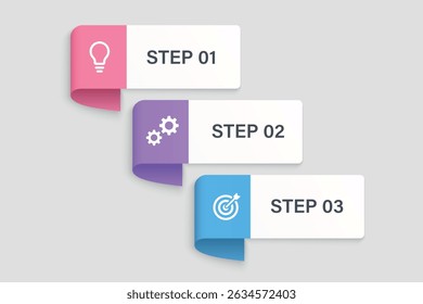 Horizontal paper-style infographic steps with icons and shadows for presentation use