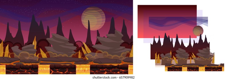 Horizontal Parallax Game Background. A vector game design for any type of platformer game. Fully customizable with layered design.