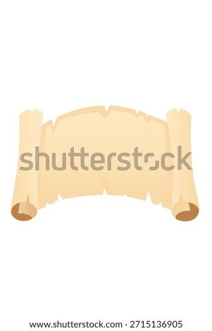 Horizontal parchment scroll with curved edges. Beige aged paper banner with rolled ends. Blank medieval document template for text and messages. Classic vintage manuscript design. Vector illustration.