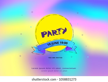 Horizontal Party flyer. Holography elements. Template for holiday design. Vector illustration.