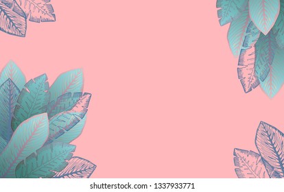 Horizontal pastel pink background with aquamarine and teal tropical leaves. Summer blue exotic leaf frame for birthday greeting cards, banner design, wedding decoration