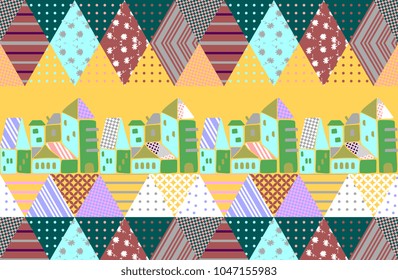 Horizontal patchwork pattern with abstract landscape on bright yellow background. Vector illustration in ethnic style. Green town and mountains.