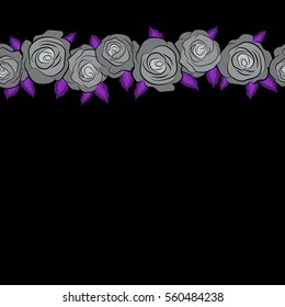 Horizontal pattern with abstract stylized roses. Nature flowers vector seamless pattern in gray and violet colors with copy space (place for your text).