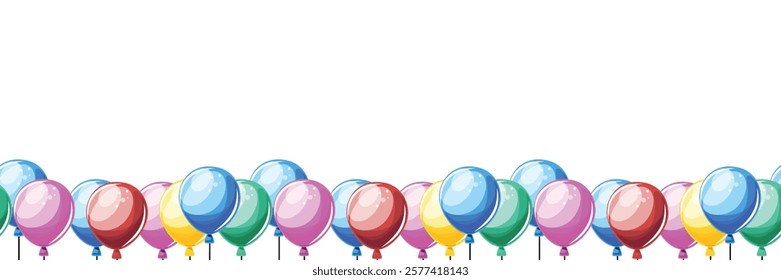 Horizontal pattern banner with colorful balloons at the bottom, perfect for parties and celebrations