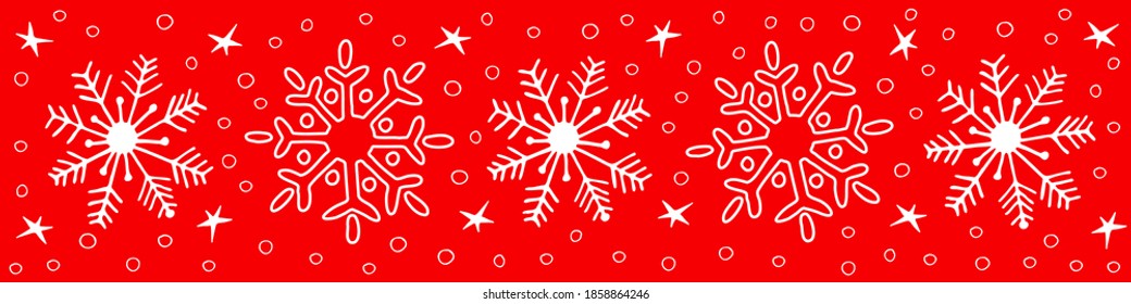 Patrón horizontal con bellos copos de nieve blancos sobre un fondo rojo. Cartel de invierno. Ilustración vectorial de Navidad.