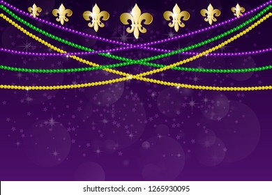 Horizontal pattern beautiful yellow, green, purple beads on a dark night background with flashes of light. Mardi Gras Party. Venetian carnival mardi gras party.  Vector Design with carnival symbol 