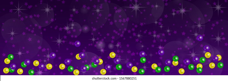 Horizontal pattern beautiful yellow, green, purple beads on a dark night background with flashes of light. Mardi Gras Party. Venetian carnival mardi gras party.  Vector Design with carnival symbol 