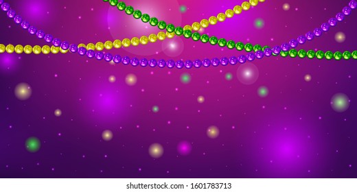 Horizontal pattern beautiful yellow, green, purple beads on a dark night background with flashes of light. Mardi Gras Party. Venetian carnival mardi gras party. Vector Design with carnival symbol