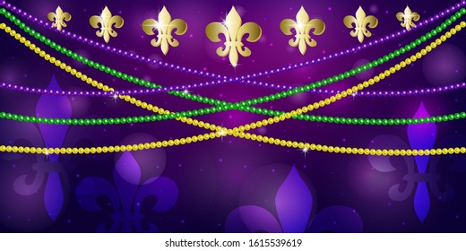 Horizontal pattern beautiful yellow, green, purple beads on a dark night background with flashes of light. Mardi Gras Party. Venetian carnival mardi gras party. Vector Design with carnival symbol