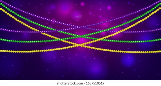 Horizontal pattern beautiful yellow, green, purple beads on a dark night background with flashes of light. Mardi Gras Party. Venetian carnival mardi gras party.  Vector Design with carnival symbol 