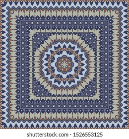 Horizontal  pattern in beige and blue. Ethnic textile print. Vector fashion background.  Scarf design.