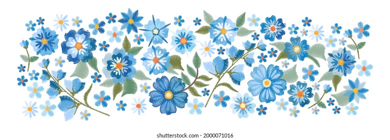 Horizontal pattern with blue embroidery flowers on white background. Panoramic view of summer floral meadow.
