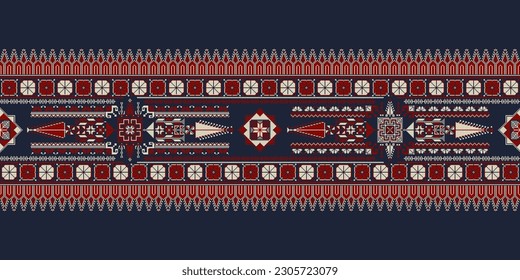 Horizontal pattern, border with traditional Palestinian Tatreez embroidery symbols, vector illustration