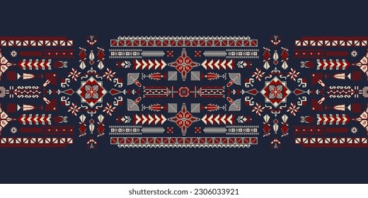 Horizontal pattern, border with traditional Palestinian Tatreez embroidery symbols, vector illustration