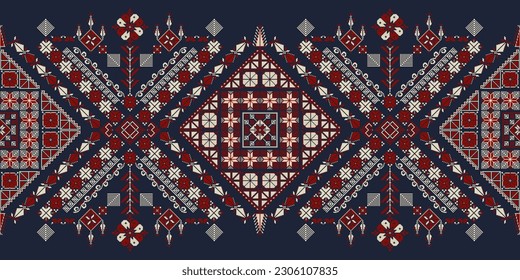 Horizontal pattern, border with traditional Palestinian Tatreez embroidery symbols, vector illustration